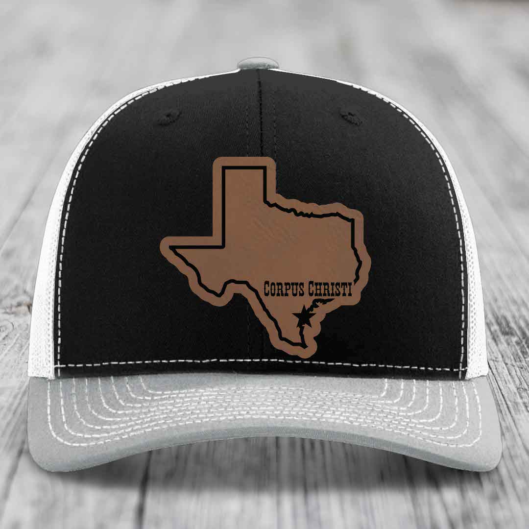 Corpus Christi Texas (Clean) - Leather Patch Hat - Dark Brown to Black Patch - Richardson 112 Snapback Trucker Hat