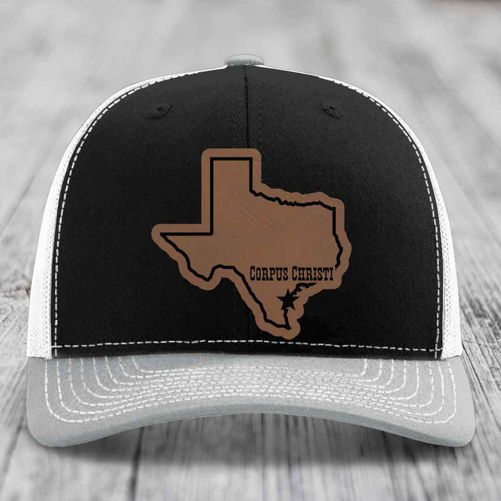 Corpus Christi Texas (Clean) - Leather Patch Hat - Dark Brown to Black Patch - Richardson 112 Snapback Trucker Hat
