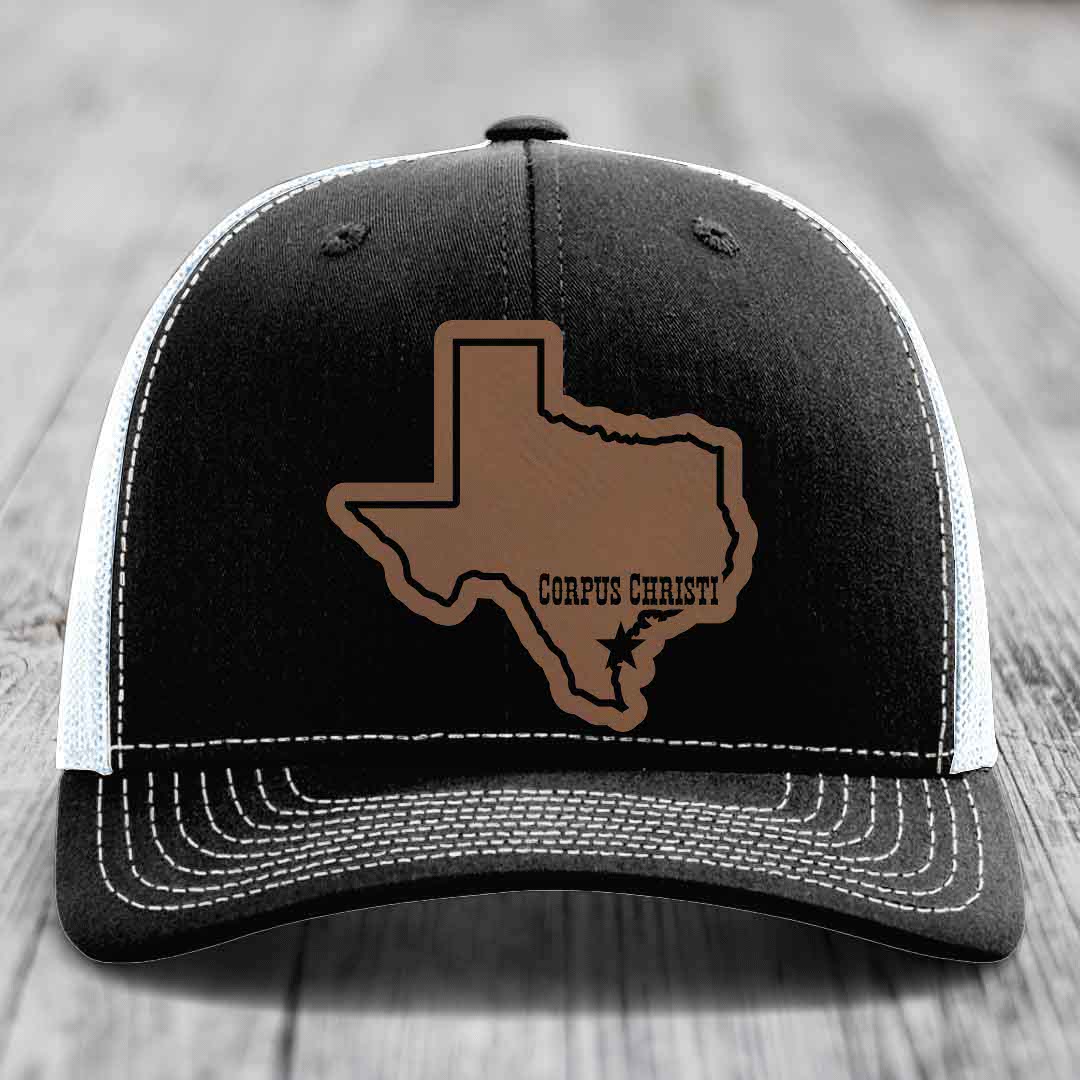 Corpus Christi Texas (Clean) - Leather Patch Hat - Dark Brown to Black Patch - Richardson 112 Snapback Trucker Hat