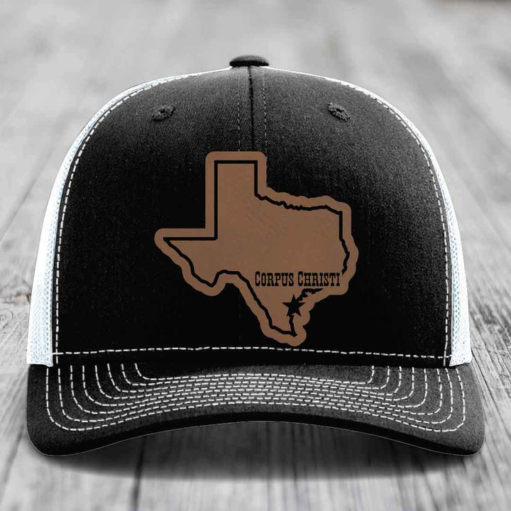 Corpus Christi Texas (Clean) - Leather Patch Hat - Dark Brown to Black Patch - Richardson 112 Snapback Trucker Hat