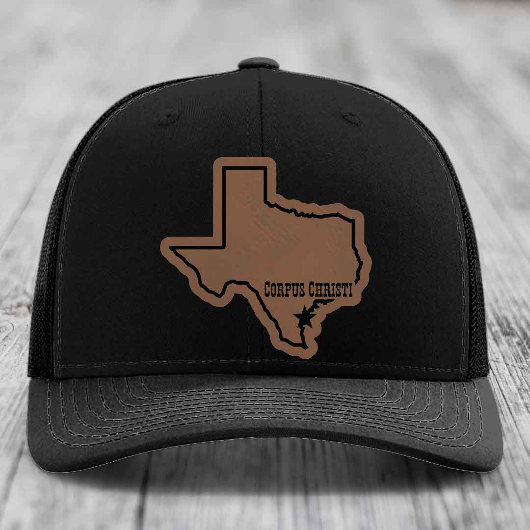 Corpus Christi Texas (Clean) - Leather Patch Hat - Dark Brown to Black Patch - Richardson 112 Snapback Trucker Hat