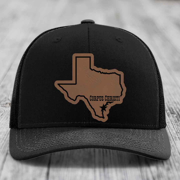 Corpus Christi Texas (Clean) - Leather Patch Hat - Dark Brown to Black Patch - Richardson 112 Snapback Trucker Hat