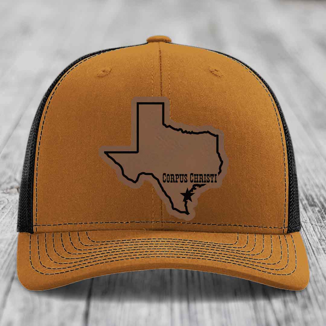 Corpus Christi Texas (Clean) - Leather Patch Hat - Dark Brown to Black Patch - Richardson 112 Snapback Trucker Hat