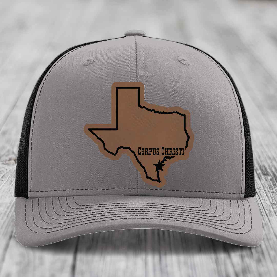 Corpus Christi Texas (Clean) - Leather Patch Hat - Dark Brown to Black Patch - Richardson 112 Snapback Trucker Hat
