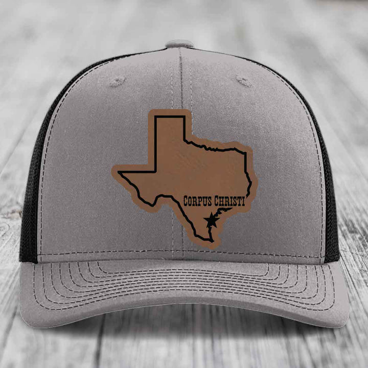Corpus Christi Texas (Clean) - Leather Patch Hat - Dark Brown to Black Patch - Richardson 112 Snapback Trucker Hat