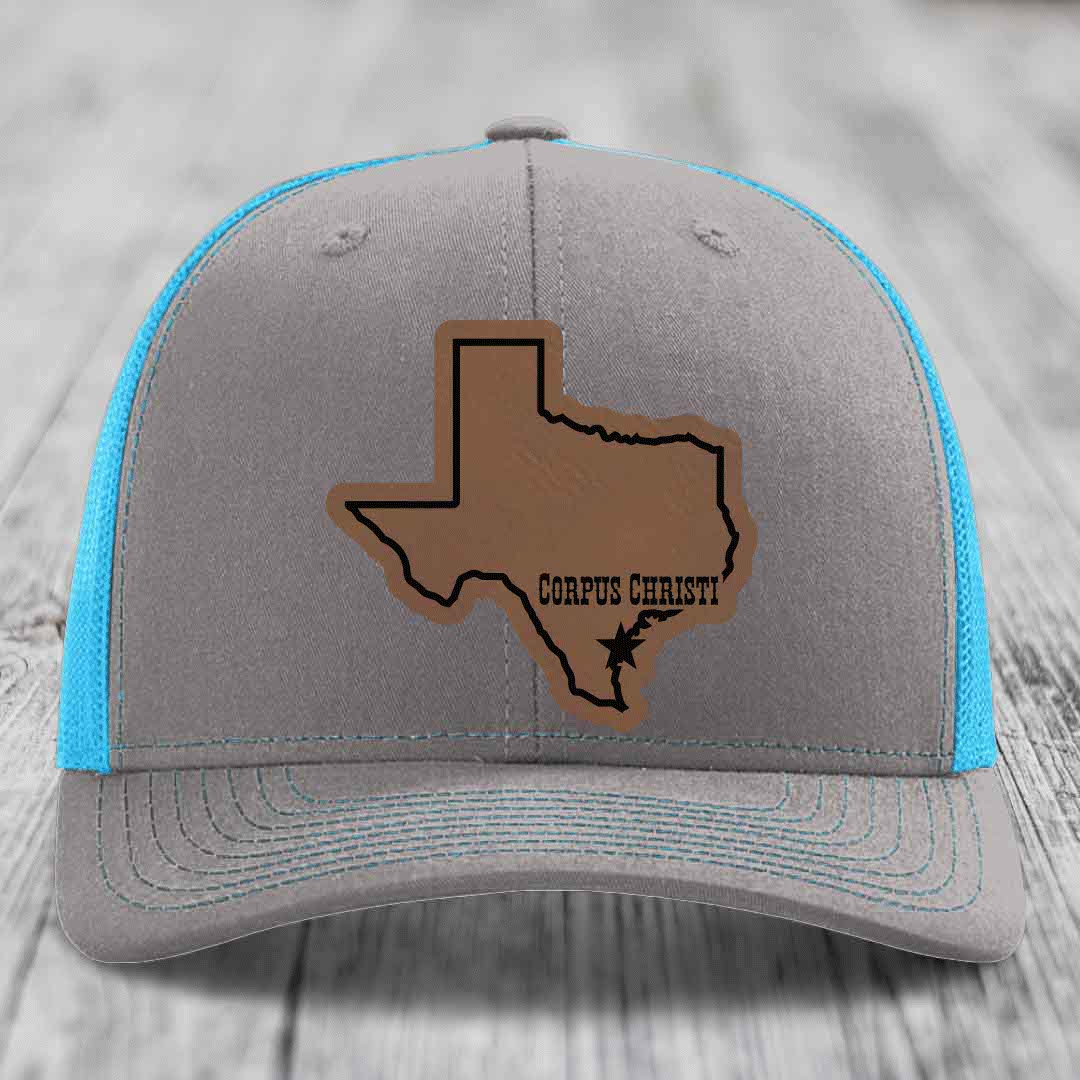 Corpus Christi Texas (Clean) - Leather Patch Hat - Dark Brown to Black Patch - Richardson 112 Snapback Trucker Hat
