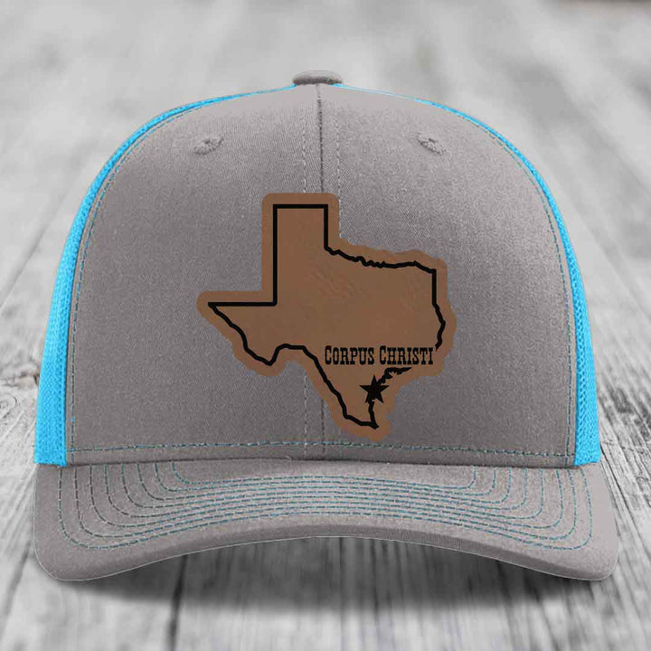 Corpus Christi Texas (Clean) - Leather Patch Hat - Dark Brown to Black Patch - Richardson 112 Snapback Trucker Hat