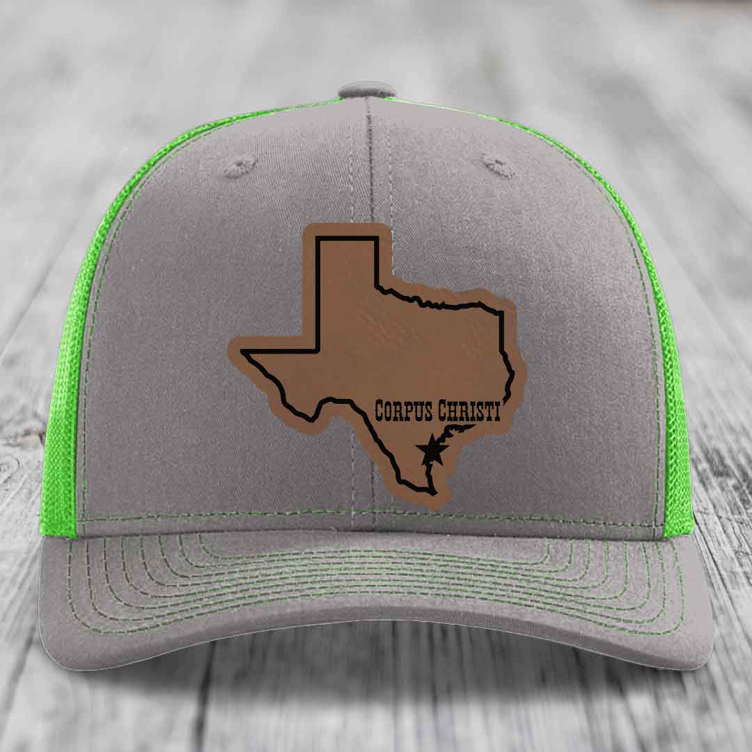 Corpus Christi Texas (Clean) - Leather Patch Hat - Dark Brown to Black Patch - Richardson 112 Snapback Trucker Hat