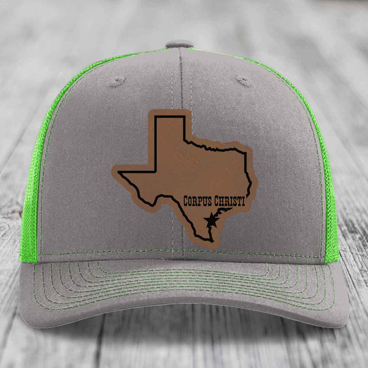 Corpus Christi Texas (Clean) - Leather Patch Hat - Dark Brown to Black Patch - Richardson 112 Snapback Trucker Hat