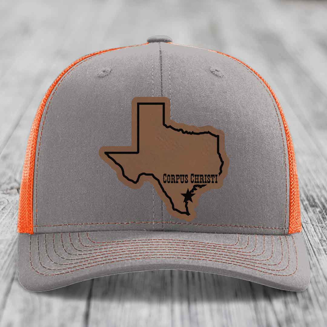 Corpus Christi Texas (Clean) - Leather Patch Hat - Dark Brown to Black Patch - Richardson 112 Snapback Trucker Hat