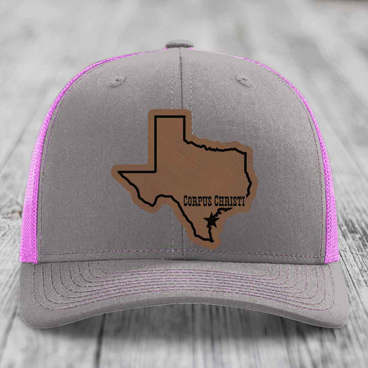 Corpus Christi Texas (Clean) - Leather Patch Hat - Dark Brown to Black Patch - Richardson 112 Snapback Trucker Hat