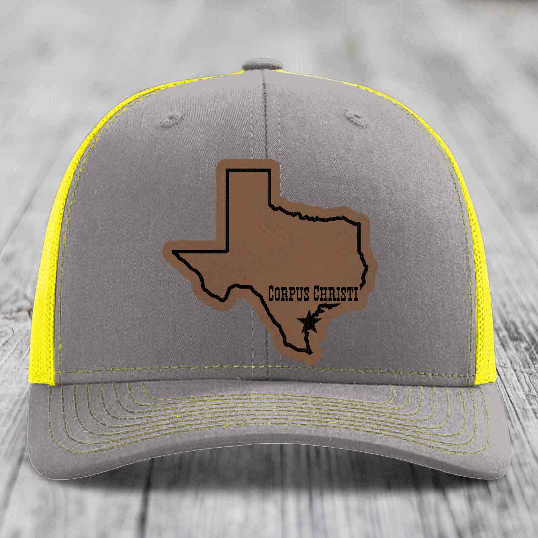 Corpus Christi Texas (Clean) - Leather Patch Hat - Dark Brown to Black Patch - Richardson 112 Snapback Trucker Hat