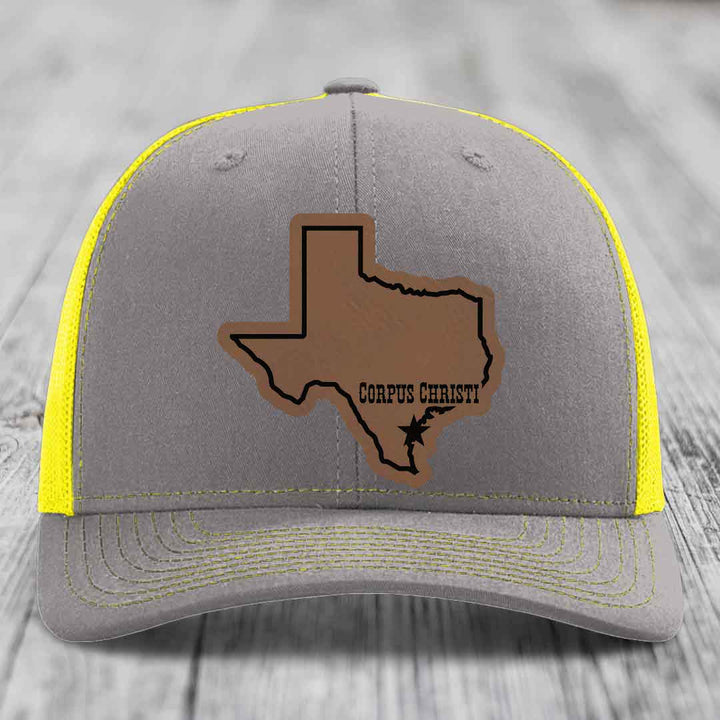 Corpus Christi Texas (Clean) - Leather Patch Hat - Dark Brown to Black Patch - Richardson 112 Snapback Trucker Hat