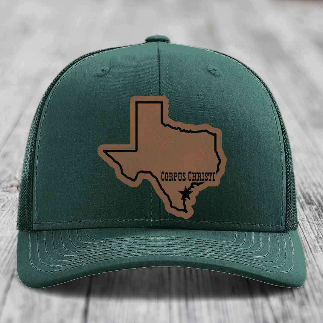 Corpus Christi Texas (Clean) - Leather Patch Hat - Dark Brown to Black Patch - Richardson 112 Snapback Trucker Hat