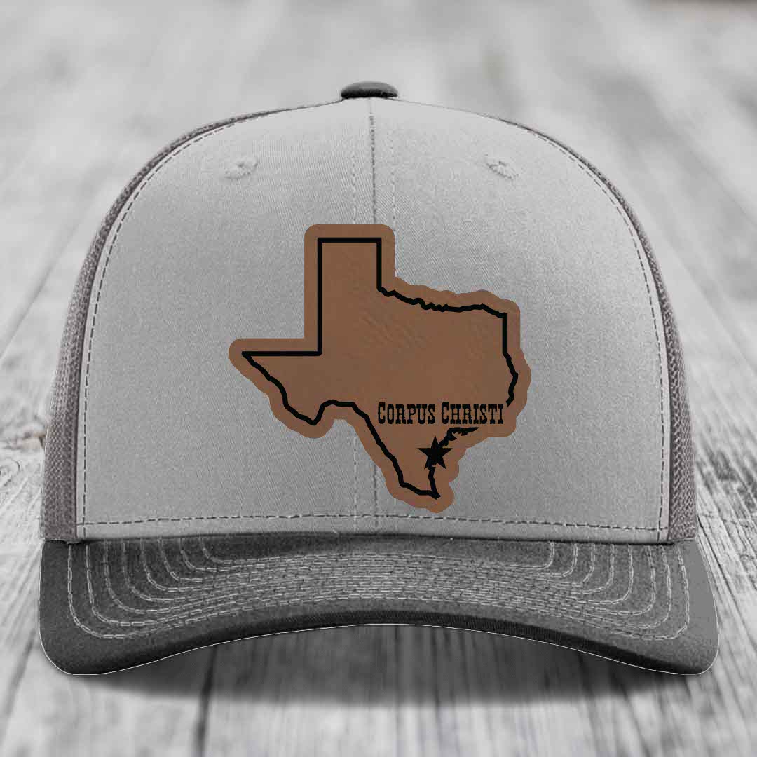 Corpus Christi Texas (Clean) - Leather Patch Hat - Dark Brown to Black Patch - Richardson 112 Snapback Trucker Hat