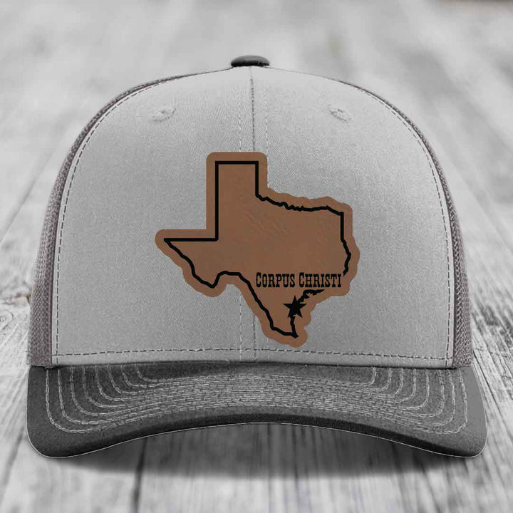 Corpus Christi Texas (Clean) - Leather Patch Hat - Dark Brown to Black Patch - Richardson 112 Snapback Trucker Hat