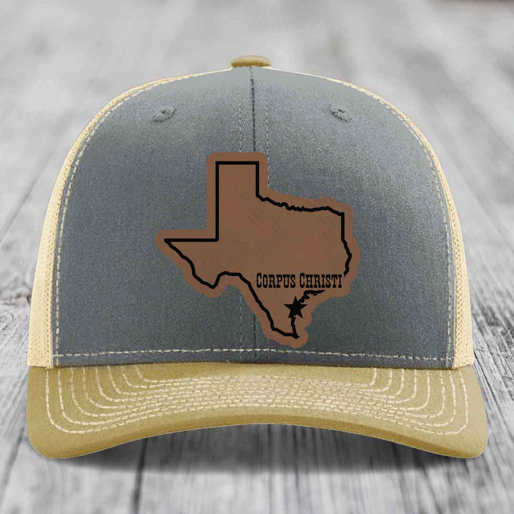Corpus Christi Texas (Clean) - Leather Patch Hat - Dark Brown to Black Patch - Richardson 112 Snapback Trucker Hat