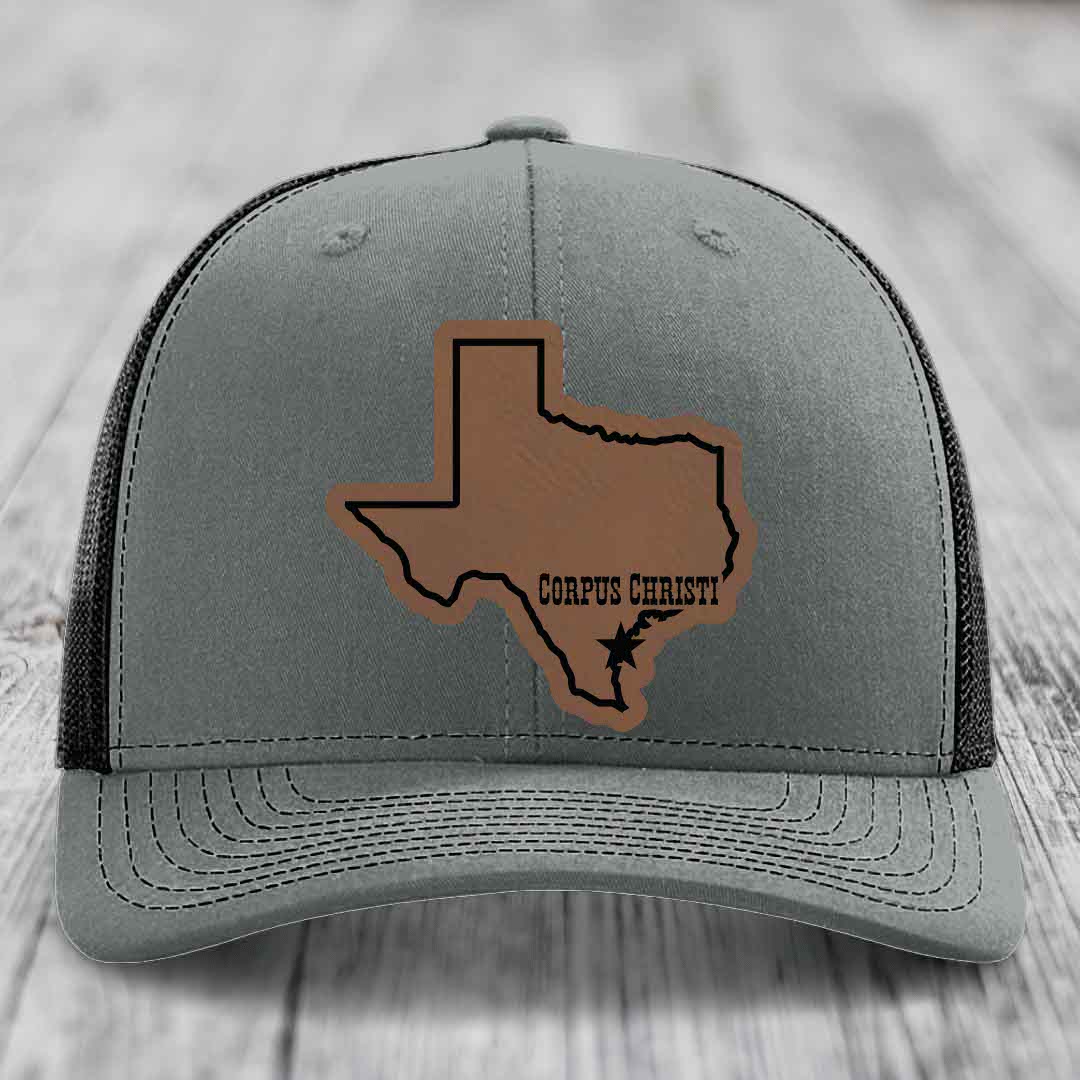 Corpus Christi Texas (Clean) - Leather Patch Hat - Dark Brown to Black Patch - Richardson 112 Snapback Trucker Hat