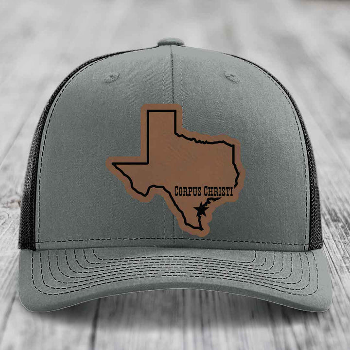Corpus Christi Texas (Clean) - Leather Patch Hat - Dark Brown to Black Patch - Richardson 112 Snapback Trucker Hat