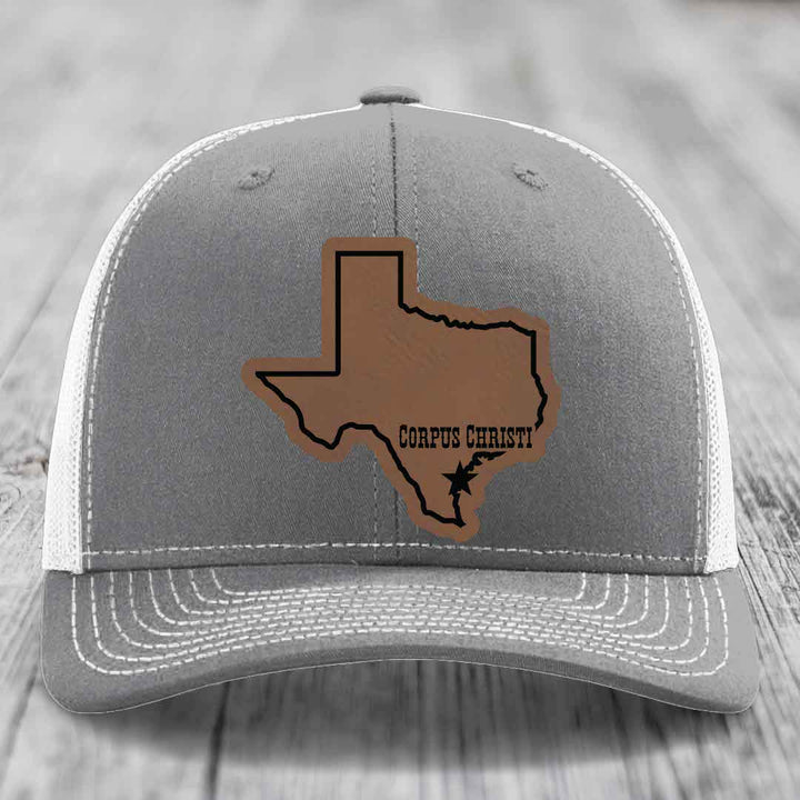 Corpus Christi Texas (Clean) - Leather Patch Hat - Dark Brown to Black Patch - Richardson 112 Snapback Trucker Hat