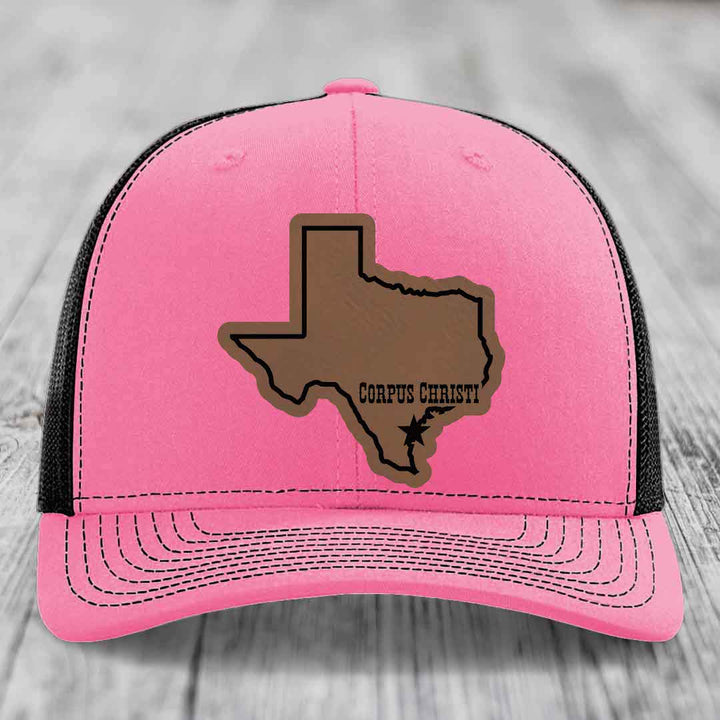 Corpus Christi Texas (Clean) - Leather Patch Hat - Dark Brown to Black Patch - Richardson 112 Snapback Trucker Hat