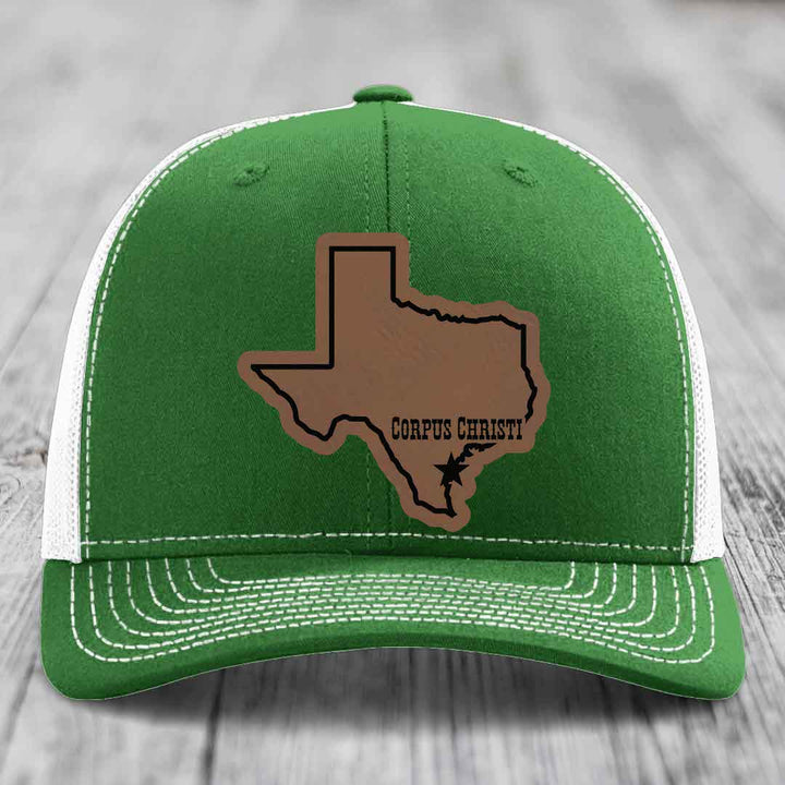 Corpus Christi Texas (Clean) - Leather Patch Hat - Dark Brown to Black Patch - Richardson 112 Snapback Trucker Hat