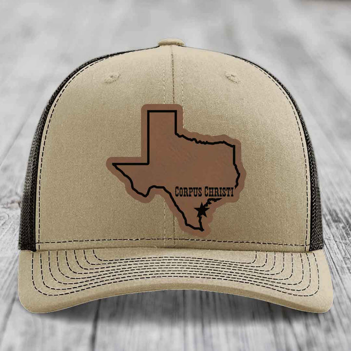 Corpus Christi Texas (Clean) - Leather Patch Hat - Dark Brown to Black Patch - Richardson 112 Snapback Trucker Hat