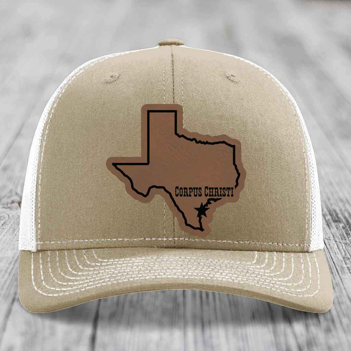 Corpus Christi Texas (Clean) - Leather Patch Hat - Dark Brown to Black Patch - Richardson 112 Snapback Trucker Hat