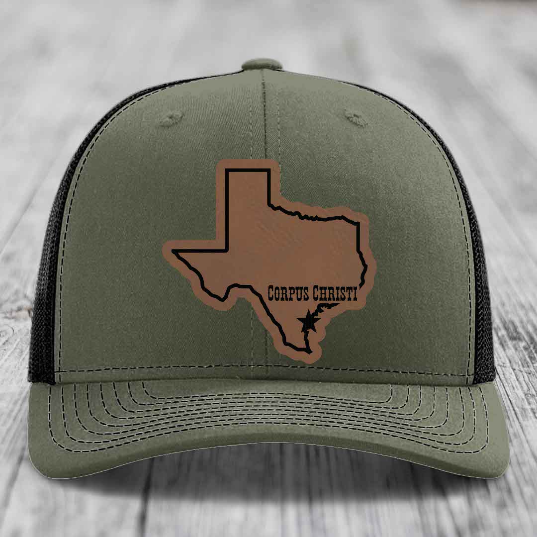 Corpus Christi Texas (Clean) - Leather Patch Hat - Dark Brown to Black Patch - Richardson 112 Snapback Trucker Hat