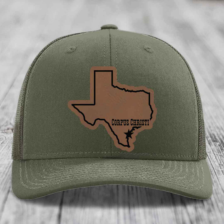 Corpus Christi Texas (Clean) - Leather Patch Hat - Dark Brown to Black Patch - Richardson 112 Snapback Trucker Hat