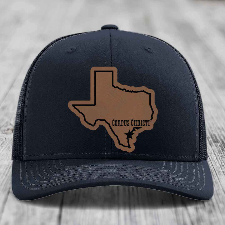 Corpus Christi Texas (Clean) - Leather Patch Hat - Dark Brown to Black Patch - Richardson 112 Snapback Trucker Hat