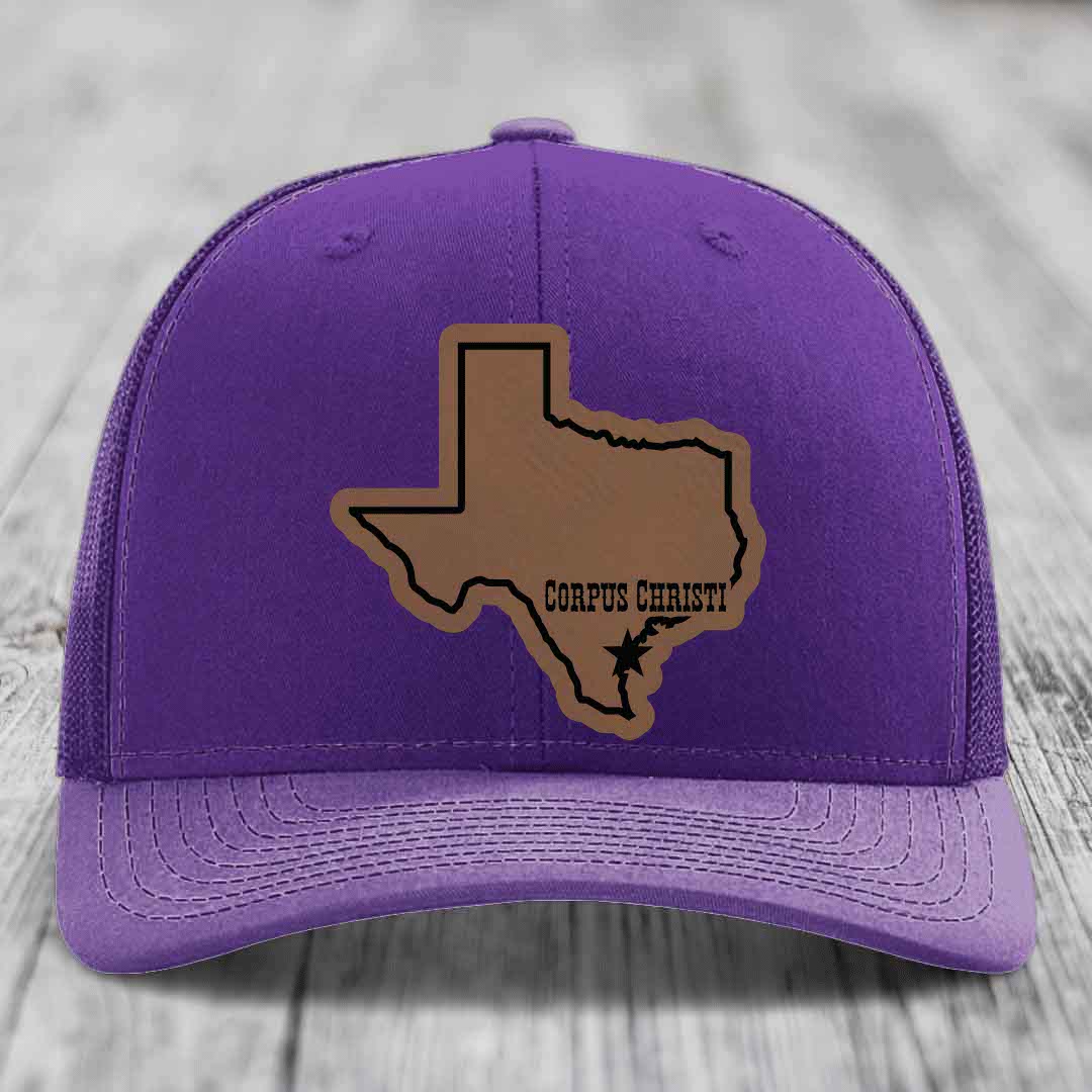 Corpus Christi Texas (Clean) - Leather Patch Hat - Dark Brown to Black Patch - Richardson 112 Snapback Trucker Hat