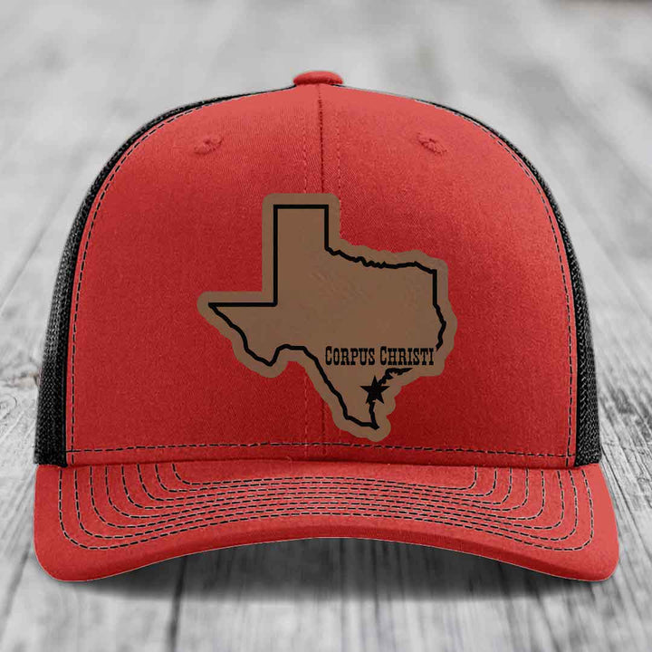Corpus Christi Texas (Clean) - Leather Patch Hat - Dark Brown to Black Patch - Richardson 112 Snapback Trucker Hat