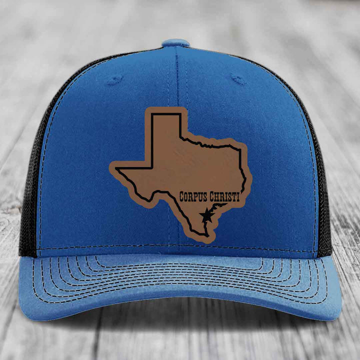 Corpus Christi Texas (Clean) - Leather Patch Hat - Dark Brown to Black Patch - Richardson 112 Snapback Trucker Hat