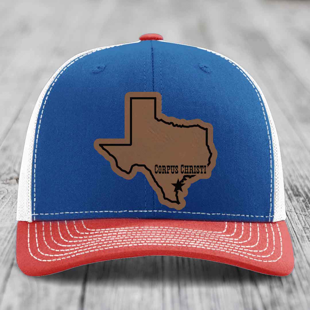 Corpus Christi Texas (Clean) - Leather Patch Hat - Dark Brown to Black Patch - Richardson 112 Snapback Trucker Hat