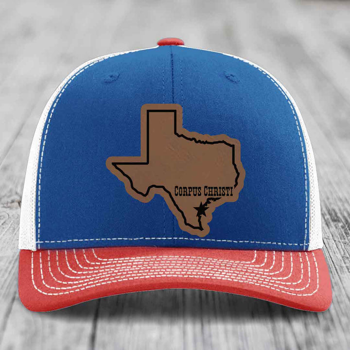 Corpus Christi Texas (Clean) - Leather Patch Hat - Dark Brown to Black Patch - Richardson 112 Snapback Trucker Hat