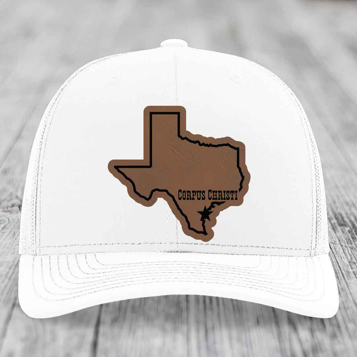 Corpus Christi Texas (Clean) - Leather Patch Hat - Dark Brown to Black Patch - Richardson 112 Snapback Trucker Hat