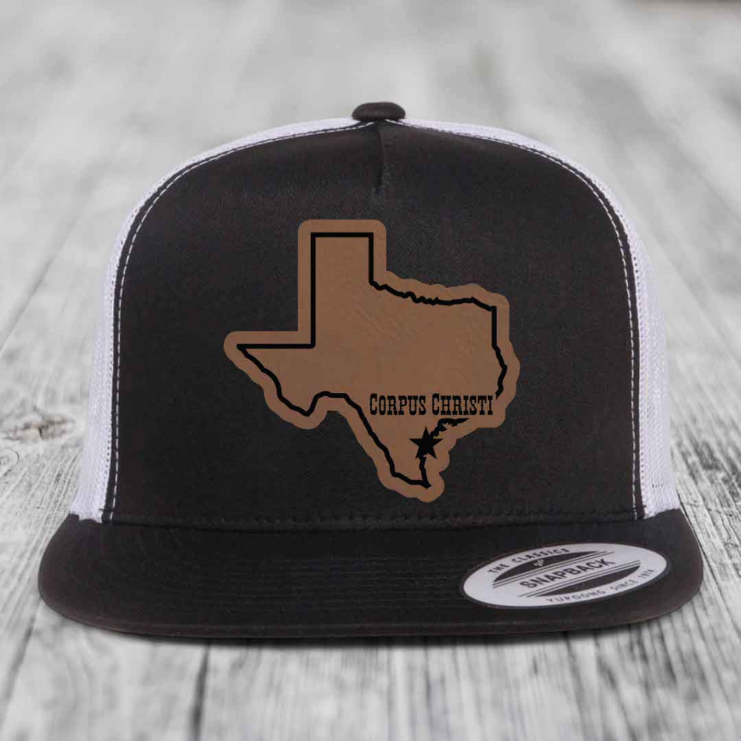 Corpus Christi Texas (Clean) - Leather Patch Hat - Dark Brown to Black Patch - Yupoong 6006 Snapback Flatbill Hat