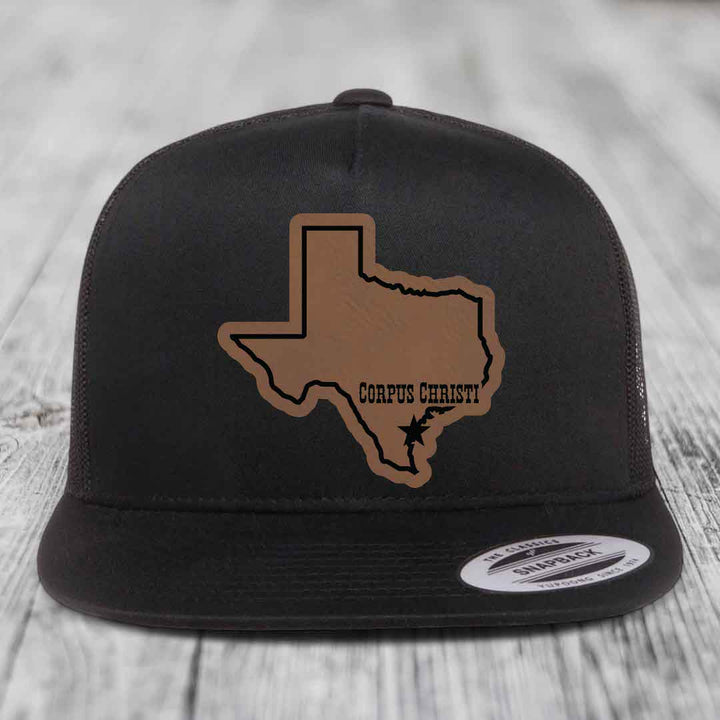 Corpus Christi Texas (Clean) - Leather Patch Hat - Dark Brown to Black Patch - Yupoong 6006 Snapback Flatbill Hat
