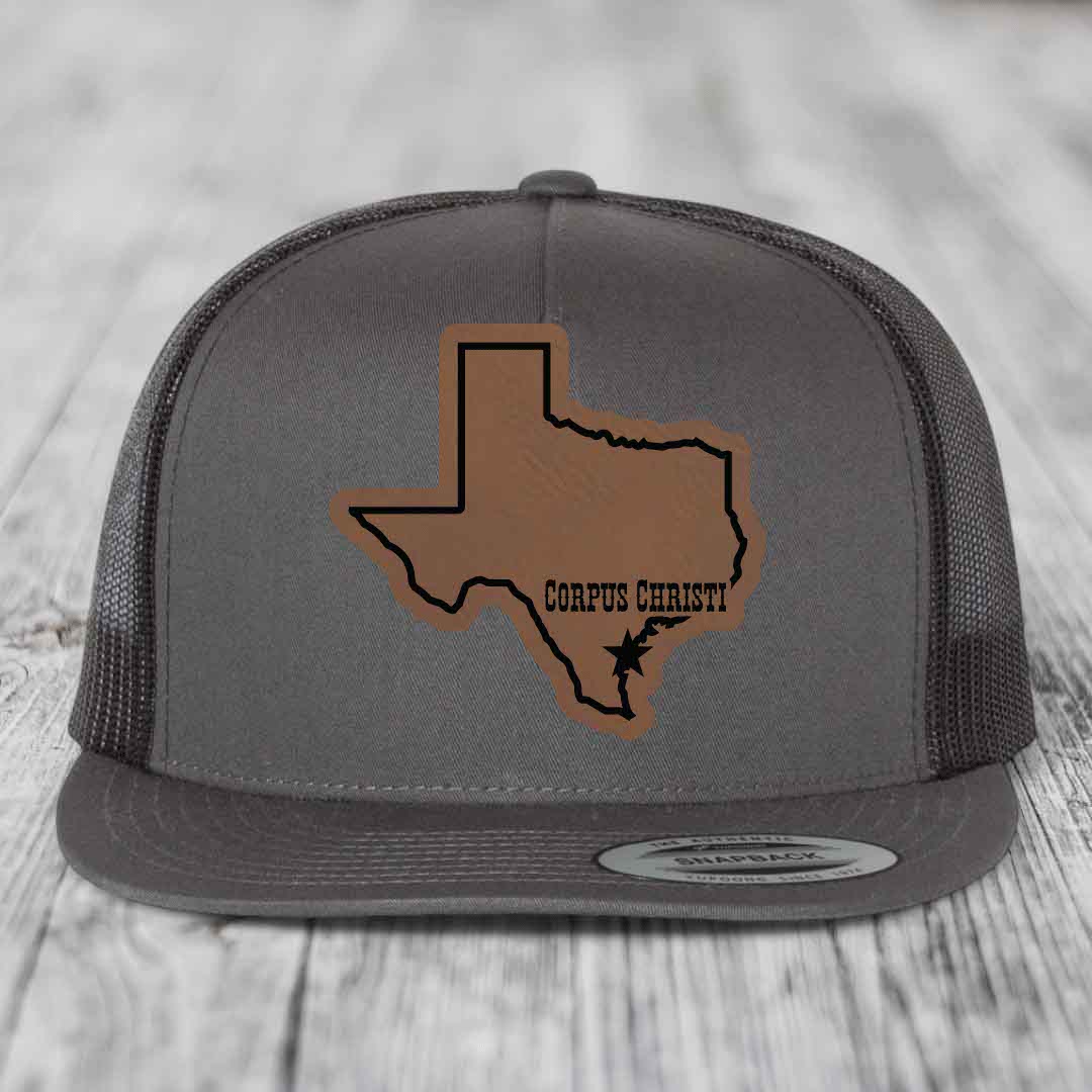 Corpus Christi Texas (Clean) - Leather Patch Hat - Dark Brown to Black Patch - Yupoong 6006 Snapback Flatbill Hat