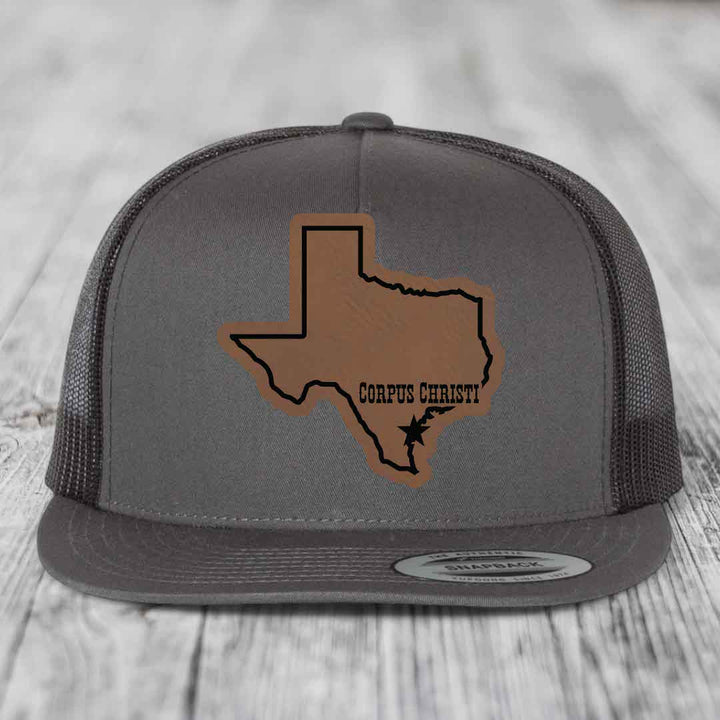 Corpus Christi Texas (Clean) - Leather Patch Hat - Dark Brown to Black Patch - Yupoong 6006 Snapback Flatbill Hat