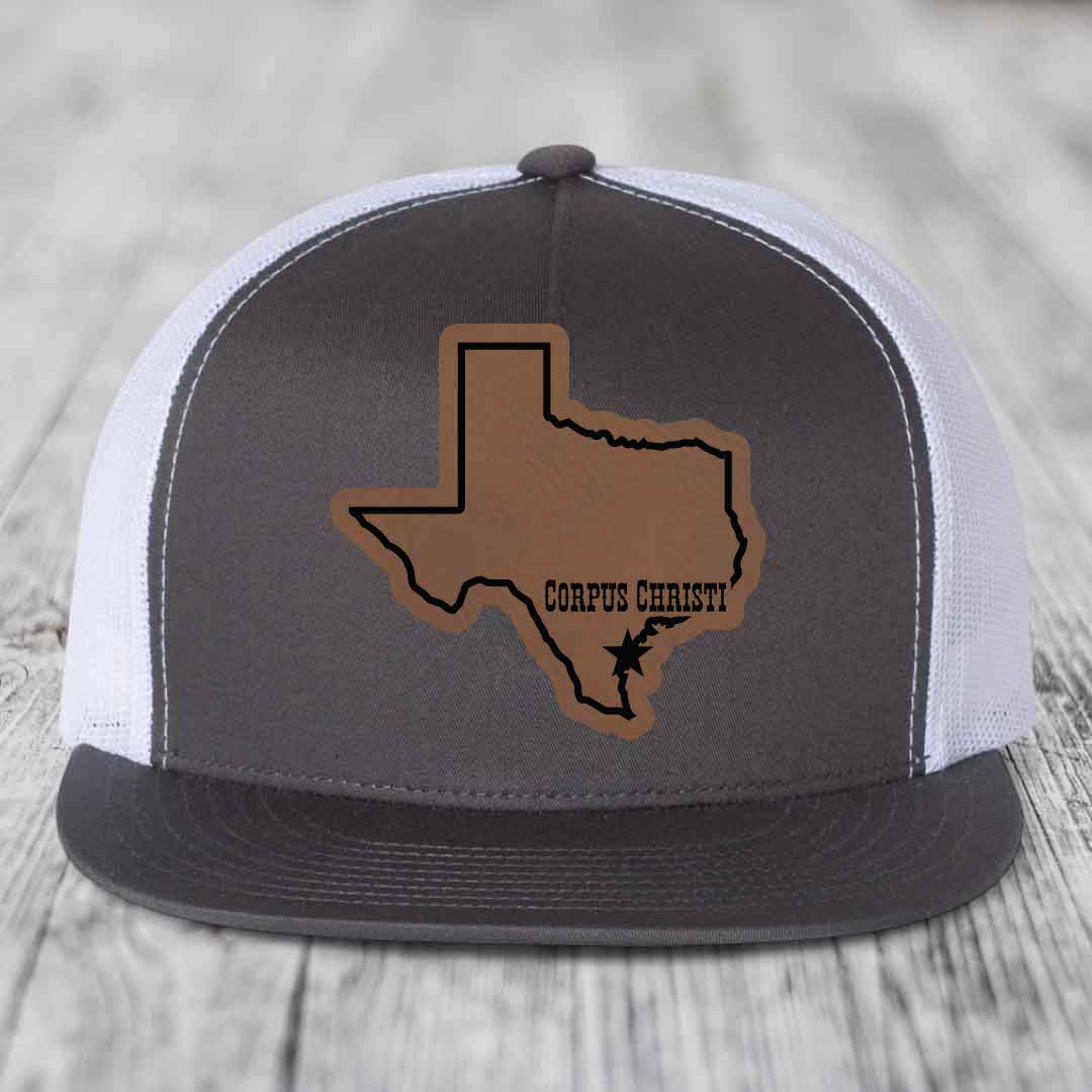 Corpus Christi Texas (Clean) - Leather Patch Hat - Dark Brown to Black Patch - Yupoong 6006 Snapback Flatbill Hat