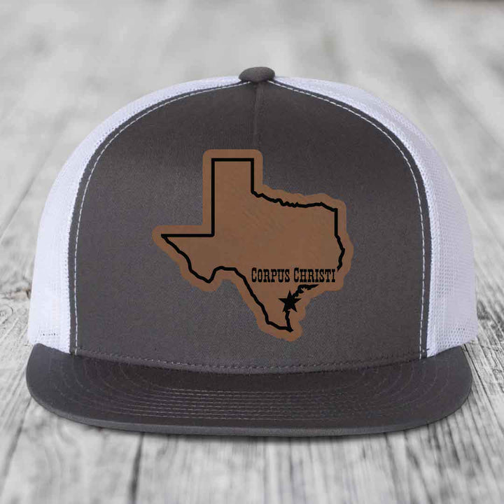 Corpus Christi Texas (Clean) - Leather Patch Hat - Dark Brown to Black Patch - Yupoong 6006 Snapback Flatbill Hat