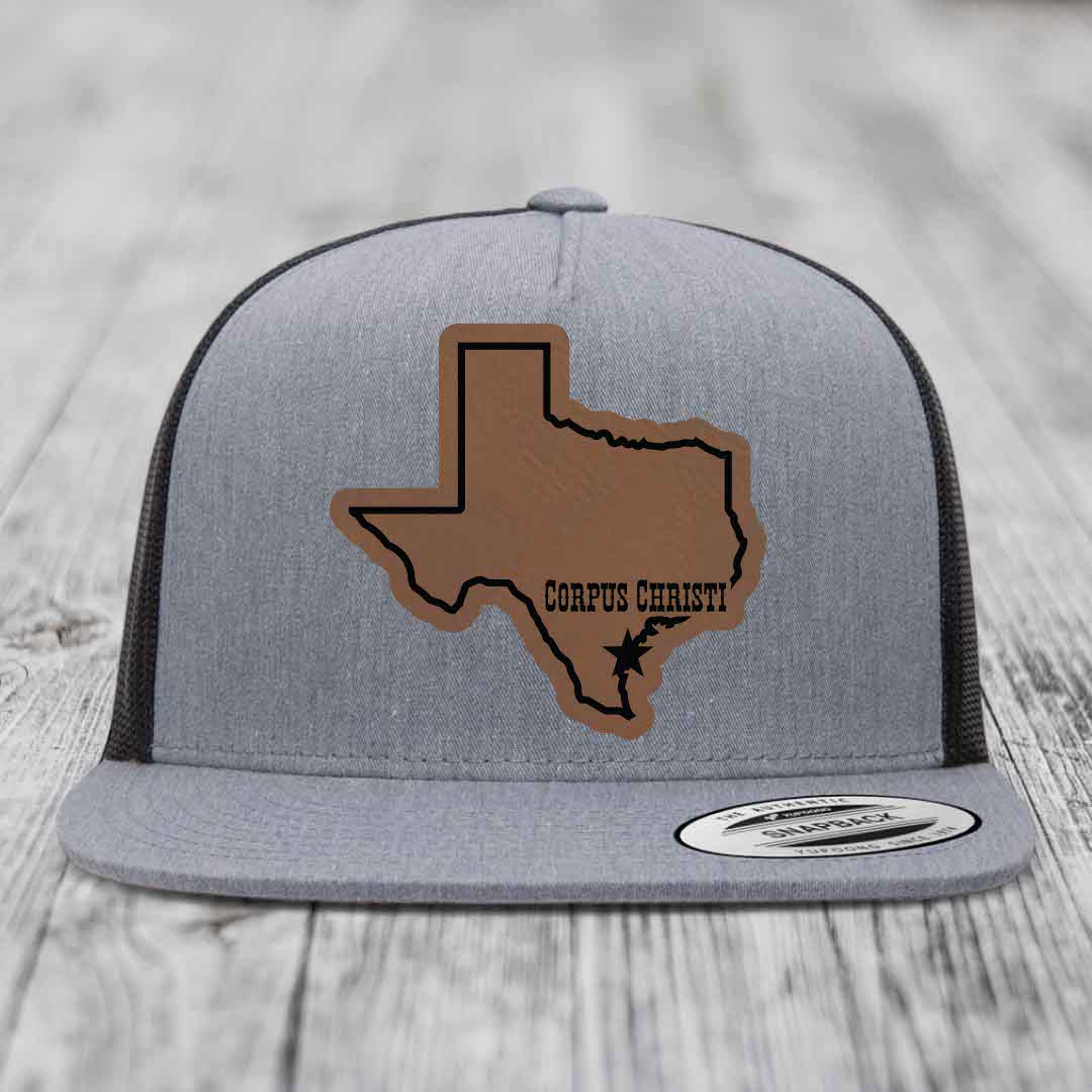 Corpus Christi Texas (Clean) - Leather Patch Hat - Dark Brown to Black Patch - Yupoong 6006 Snapback Flatbill Hat