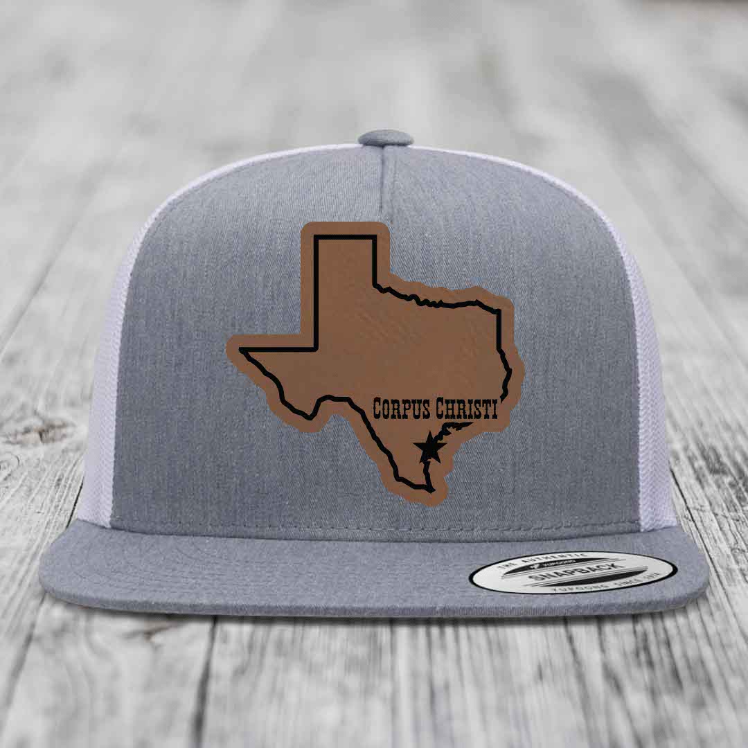 Corpus Christi Texas (Clean) - Leather Patch Hat - Dark Brown to Black Patch - Yupoong 6006 Snapback Flatbill Hat