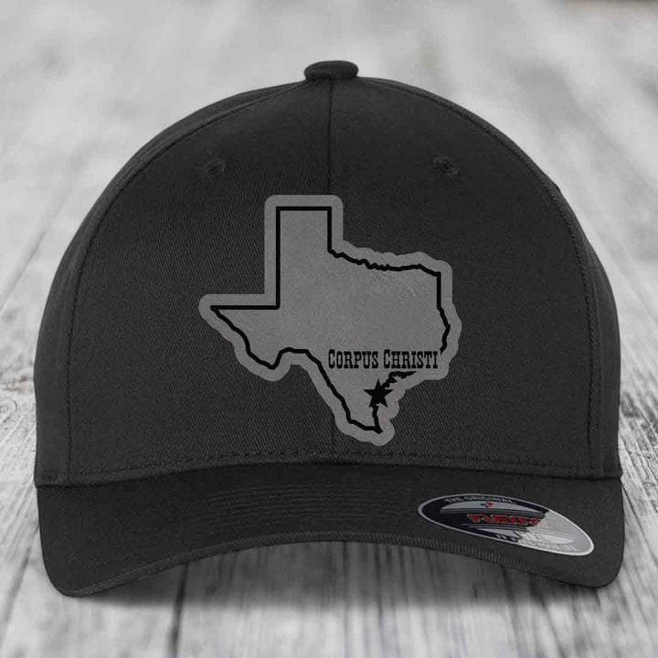 Corpus Christi Texas (Clean) - Leather Patch Hat - Grey to Black Patch - Flexfit 6277 Fitted Hat