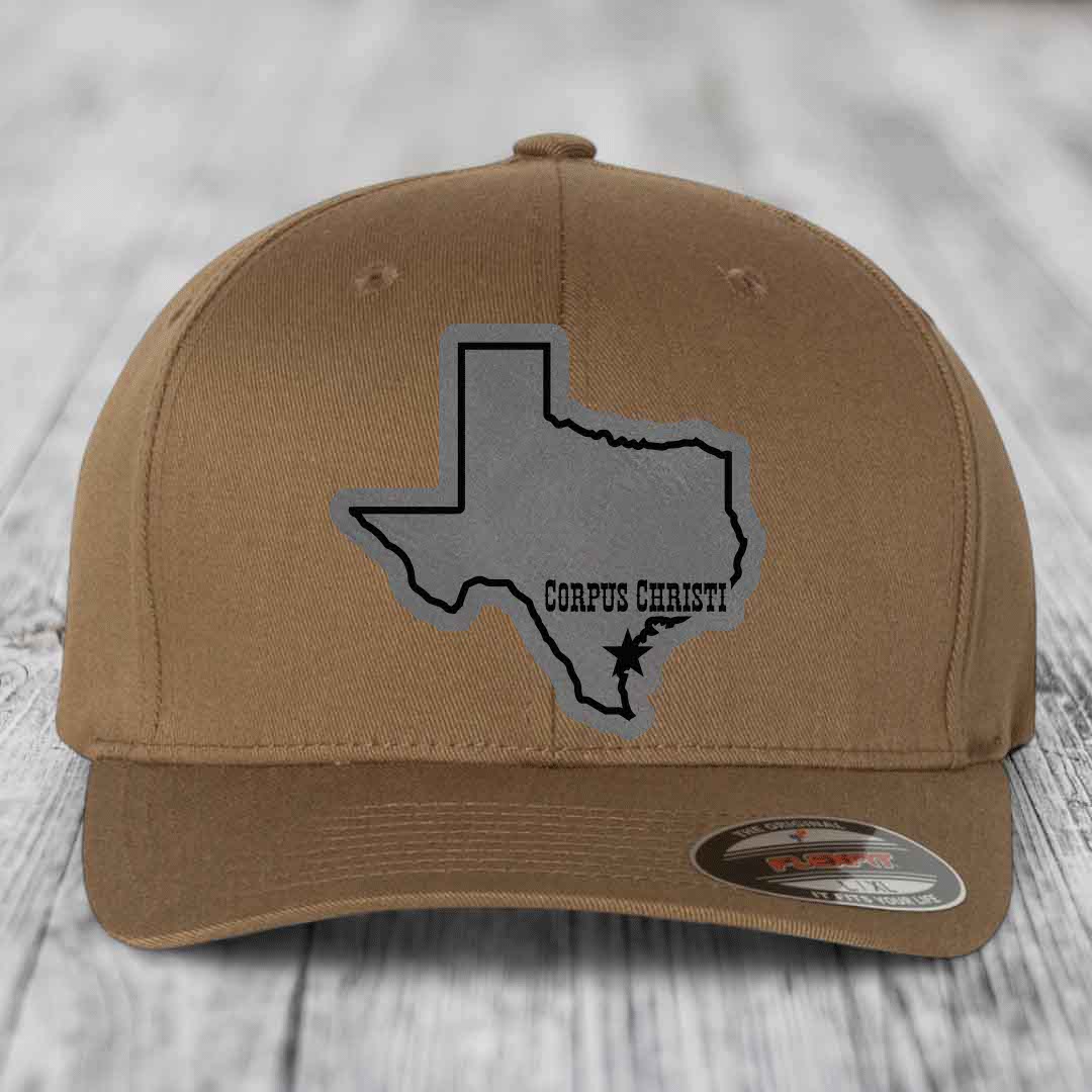 Corpus Christi Texas (Clean) - Leather Patch Hat - Grey to Black Patch - Flexfit 6277 Fitted Hat