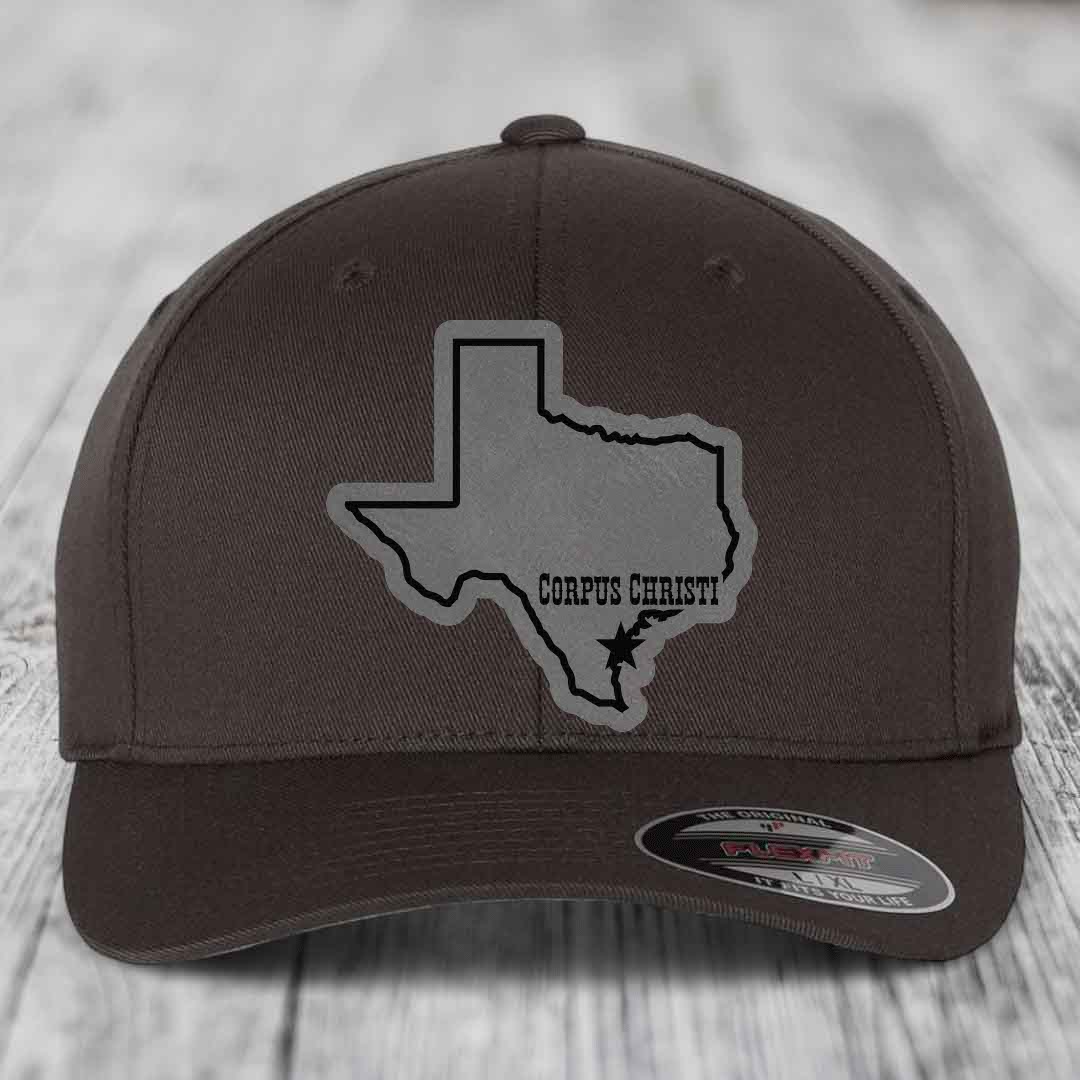 Corpus Christi Texas (Clean) - Leather Patch Hat - Grey to Black Patch - Flexfit 6277 Fitted Hat