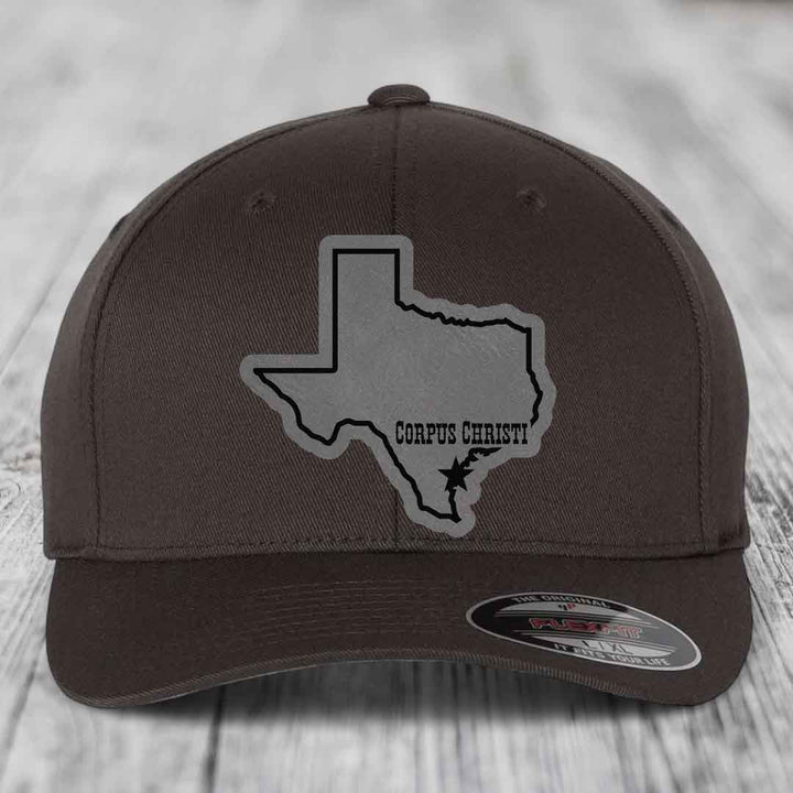 Corpus Christi Texas (Clean) - Leather Patch Hat - Grey to Black Patch - Flexfit 6277 Fitted Hat