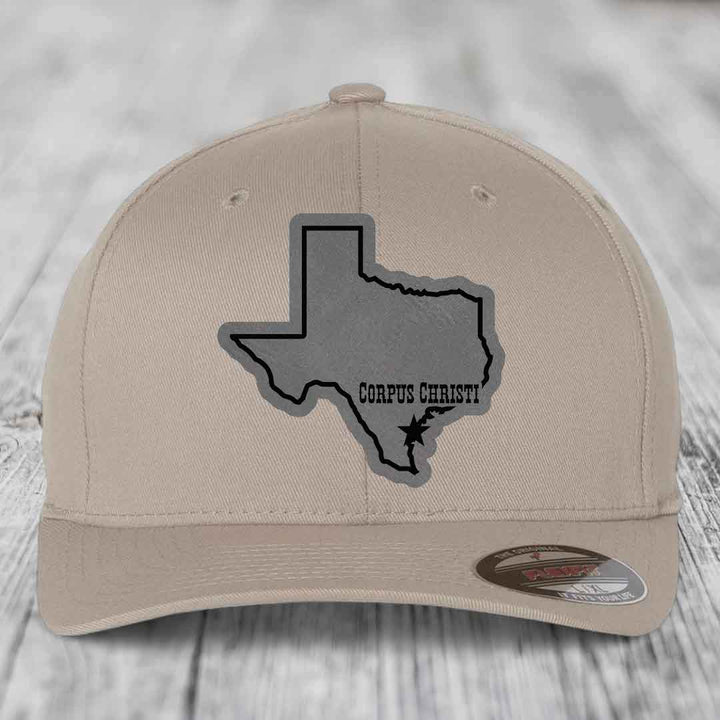Corpus Christi Texas (Clean) - Leather Patch Hat - Grey to Black Patch - Flexfit 6277 Fitted Hat
